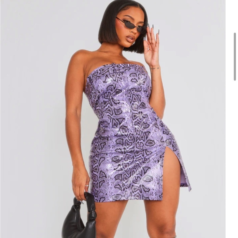 SHAPE PURPLE FAUX LEATHER SNAKE PRINT BANDEAU MINI DRESS - MEDIUM